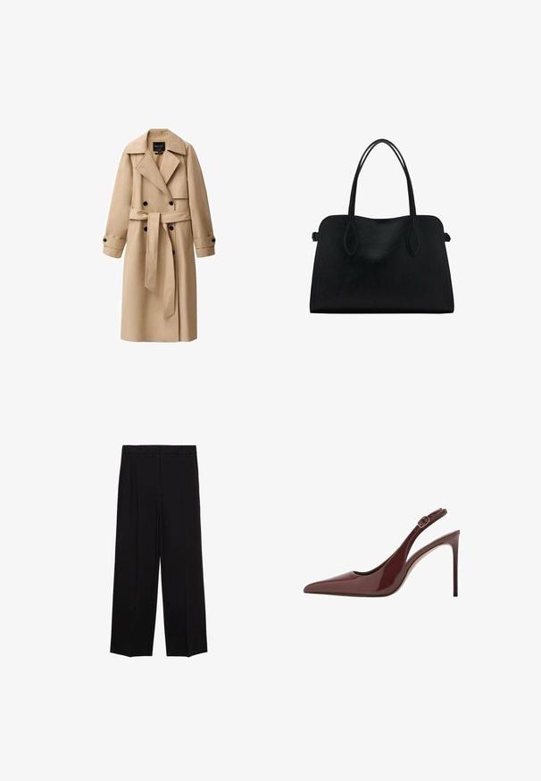 Bež plašč iz gladkega blaga, z dvojno zapenjanjem spredaj, širokimi reverji, pasom na vezanje in z gumbi na manšetah.; Črna pletena jopica z rebrastim ovratnikom, dolgimi rokavi in ravnim robom. Mehka tekstura, minimalistična zasnova in vsestranski slog.; Črne široke hlače iz gladkega materiala, z gubami spredaj in stranskimi žepi, zasnovane v ravnem, sproščenem kroju.; Temno rjava paten usnjena visoka peta s koničastim nosom in nastavljivim zaponko ter tankim stiletto petam.; Črna usnjena torbica z dvema naramnima trakoma, pravokotne oblike in minimalističnim dizajnom na beli podlagi.