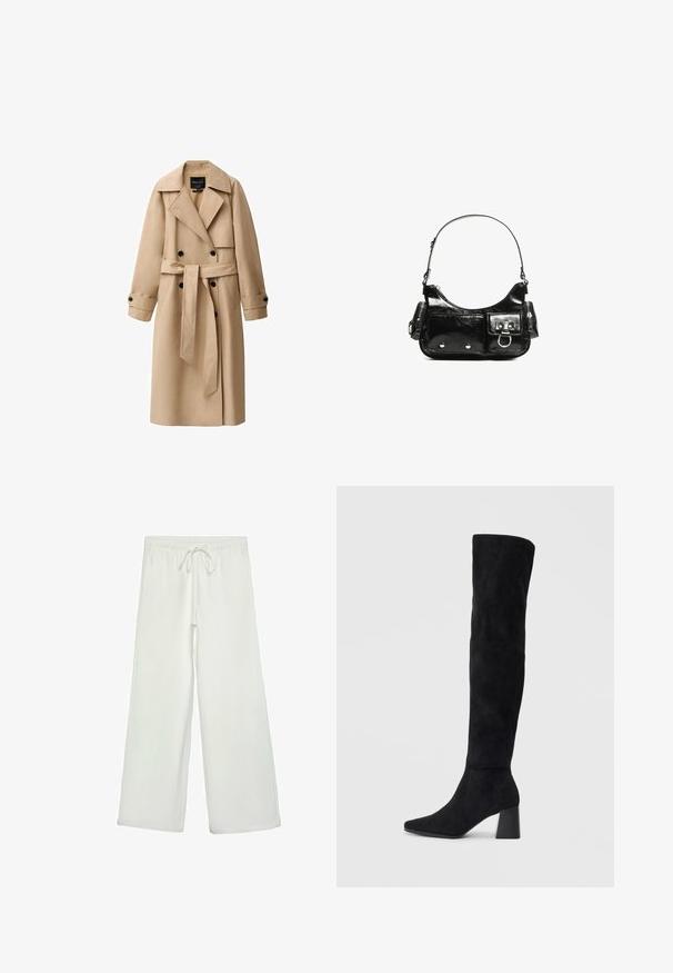 Bež trench kaput od glatke tkanine, s dvostrukim kopčanjem sprijeda, širokim reverima, pojasom u struku i dugmadima na rukavima.; Bijela pletena džemer s okruglim izrezom, spuštenim ramenima, rebrastom teksturom i lagano skraćenim rubom. Mekan materijal, ležeran dizajn.; Bijele hlače širokog kroja od mekog materijala. Imaju elastični pojas s vezicom i glatku teksturu. Nema vidljivih uzoraka ili metalnih dijelova.; Crne antilop čizme do koljena s blok potpeticom, šiljastim prstom i glatkim, bešavnim dizajnom na običnoj svijetloj pozadini.; Crna patentna kožna torba s zakrivljenim oblikom, jednim remenom za rame, prednjim džepovima i akcentima od srebrnog tona.