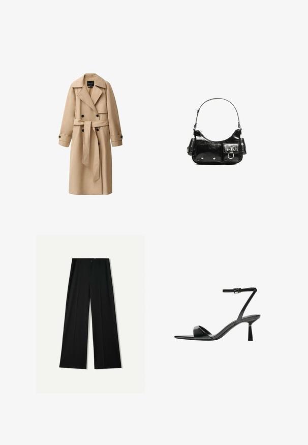 Beżowy trencz wykonany z gładkiego materiału, z podwójnym zapięciem z przodu, szerokimi klapami, paskiem w talii i zapinanymi mankietami.; Czarna bawełniana koszulka z krótkimi rękawami, okrągłym dekoltem i luźnym krojem. Gładki design bez wzorów czy ozdób.; Bershka WIDE czarny; Bershka - Sandały na obcasie; Czarna torebka z lakierowanej skóry o zaokrąglonym kształcie, z jednym paskiem na ramię, przednimi kieszeniami i akcentami w kolorze srebrnym.