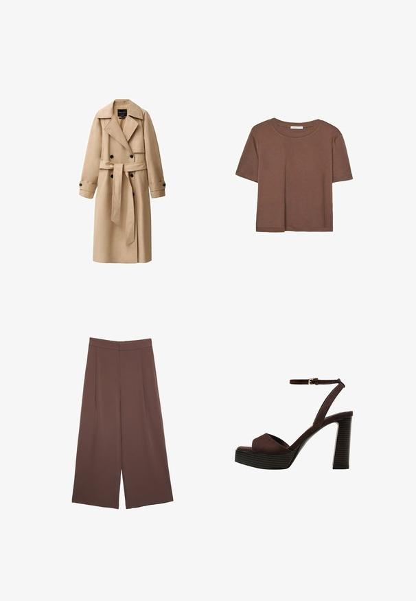 Beige trenčkot vyrobený z hladké tkaniny, s dvouřadým zapínáním, širokými klopami, opásaným pasem a knoflíkovými manžetami.; Hnědé tričko s krátkým rukávem vyrobené z měkké látky, s kulatým výstřihem a volným střihem. Bez viditelných vzorů nebo dekorací.; Hnědé široké kalhoty s hladkou texturou, vysokým pasem a předními záhyby. Materiál je lehký a volně splývá.; Hnědé semišové sandály na vysokém podpatku s otevřenou špičkou, nastavitelným páskem kolem kotníku a proužkovou platformou.