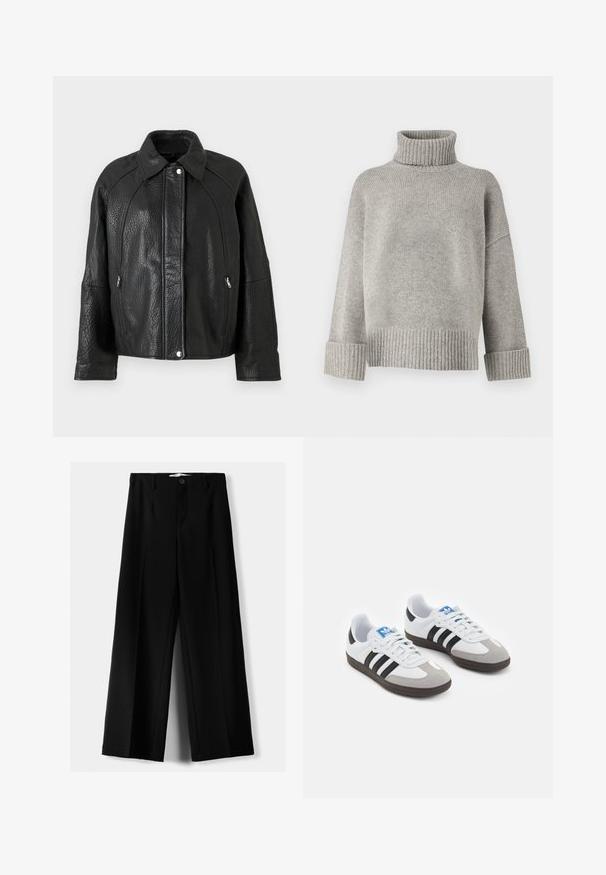 Fekete bőrkabát, texturált felülettel, galléros nyakkal, cipzáras zsebekkel és hangsúlyos varrásokkal.; Szürke kötött garbó, puha anyagból készült, bordás mandzsettákkal és szegéllyel. Lazább szabású és jól formált gallérral rendelkezik.; Fekete, bő szárú nadrág, könnyű anyagból, elöl gombos záródással és sima elfröccsenésű fazonnal, szépen varrott szegélyekkel.; Fehér bőr felsőrészes sportcipő, szürke velúrból készült orral és három fekete csíkkal. Jellemzője a kék logó a nyelvén és egy texturált gumitalp.