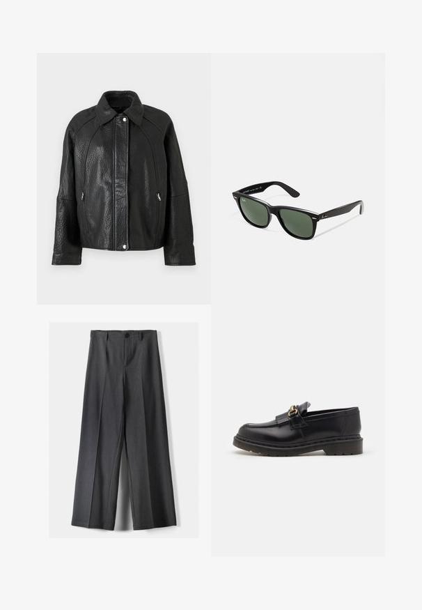 Zwarte leren jas met een gestructureerde afwerking, voorzien van een kraag, ritssluitingen en opvallende stikseldetails.; Witte kortgebouwde t-shirt met korte mouwen, ronde hals, gemaakt van soepel katoen, met een relaxte pasvorm zonder versieringen of patronen.; Wijde broek in donkergrijze stof, met een knoopsluiting, voorplooien en riemlussen. Gladde textuur met een op maat gemaakte uitstraling.; Zwarte leren instappers met een ronde neus, decoratieve franjes en gouden hardwareaccenten. Dikke rubberen zool voor extra grip en duurzaamheid.; Zwarte plastic zonnebril met groene lenzen, vierkante montuur, zilveren accent op de wenkbrauw en een gestructureerde tempel. Merken vermeld op de binnenkant van de arm.; Zwarte leren handtas met een gestructureerde vorm, een gladde textuur en een enkele schouderband. Heeft een subtiele, afgeronde klepontwerp.