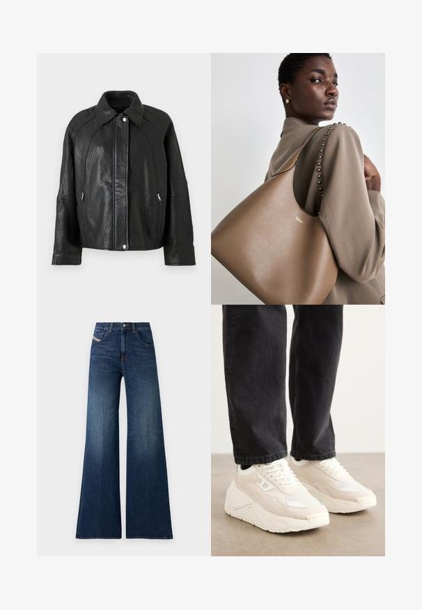 Schwarze Lederjacke mit strukturierter Oberfläche, Kragen, Reißverschluss-Taschen und auffälligen Nahtdetails.; Weißes T-Shirt mit kurzen Ärmeln aus Baumwolle und Rundhalsausschnitt. Glatte Textur und gerader Schnitt, keine Muster oder Akzente.; Hoch taillierte, dunkelblaue weite Jeans mit Front- und Münztaschen, Knopfverschluss und dezenten Waschungseffekten an den Oberschenkeln.; Beige Sneaker mit einem strukturierten Obermaterial aus Stoff und heller Gummisohle. Das Design ist minimalistisch und zeigt ein dezentes Logo-Detail an der Seite.; Braune Lederhandtasche mit glatter Textur, die eine geschwungene Silhouette und ein metallisches Logo aufweist. Der Riemen hat dekorative Nieten entlang der Naht.