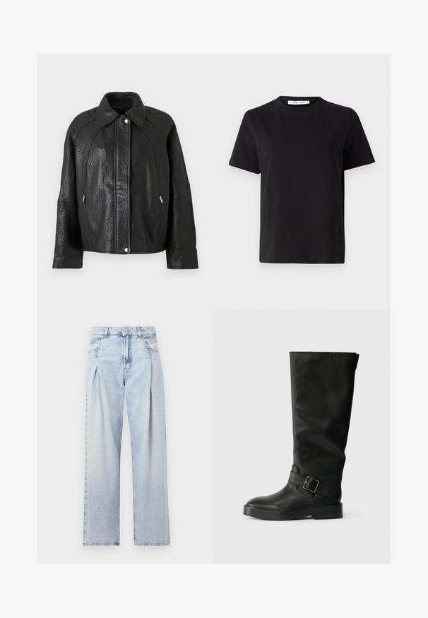 Black leather jacket with a textured finish, featuring a collared neckline, zippered pockets, and prominent seam detailing.; Black short-sleeve t-shirt made of soft cotton, featuring a round neckline, relaxed fit, and a smooth texture. No visible patterns or graphics.; Light blue denim jeans with a high waist, wide-leg cut, two side pockets, and pleated design feature. Soft texture with a faded finish.; Black knee-high boots made of smooth leather, featuring a rounded toe, a thick sole, and a horizontal strap with a rectangular buckle detail.