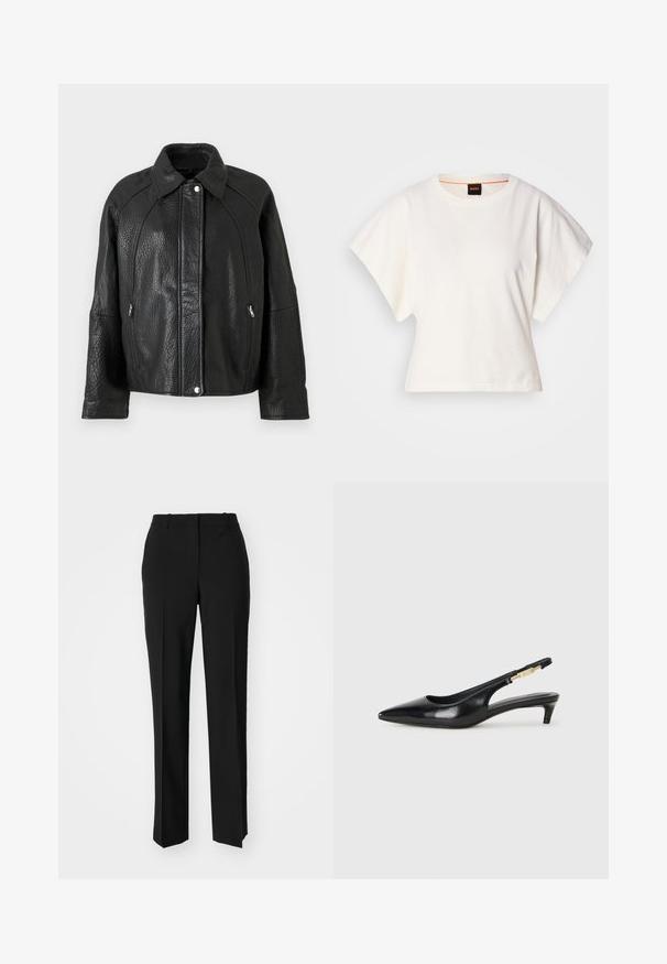 Black leather jacket with a textured finish, featuring a collared neckline, zippered pockets, and prominent seam detailing.; White cropped T-shirt, short wide sleeves, soft cotton material, round neckline with subtle orange trim, minimal design, no patterns or graphics.; Black tailored trousers with a straight-leg design, featuring a smooth texture and crisp creases along the front. No visible hardware.; Black leather slingback heels with a pointed toe, featuring a slim heel and a gold-tone accent on the adjustable strap. Smooth texture.