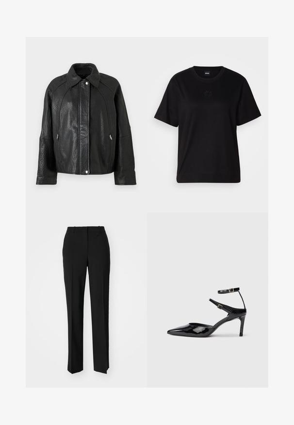 Sort læderjakke med tekstureret overflade, der har krave, lynlåslommer og fremtrædende syninger.; Sort bomulds t-shirt med rund halsudskæring, korte ærmer og et broderet logo på brystet. Enkel, afslappet pasform uden mønstre.; Sorte skræddersyede bukser med lige ben-design, der har en glat tekstur og skarpe folder langs fronten. Ingen synlige hardware.; Sorte laklæderhæle med spids tå, justerbare ankelstropper og en slank hæl. Glat tekstur med en skinnende finish.
