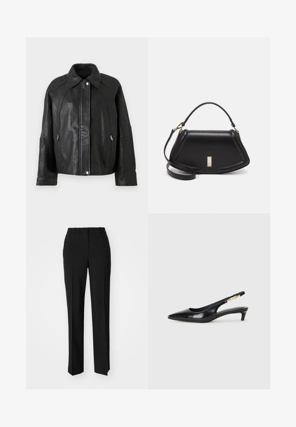 Must must nahkjakker, millel on reljeefne viimistlus, varustatud kraega, lukuga taskute ja silmatorkava õmbluste detailidega.; Mustmust särk, millel on ümar kaelus, lühikesed varrukad ja tindiga tikitud logo rinnal. Lihtne, mugav lõige ilma mustriteta.; Mustad ja sirged püksid, millel on sile tekstuur ja teravad voldid esiosas. Ilma nähtavate detailideta.; Mustad nahast slingback kontsad terava ninaga, millel on õhuke konts ja kuldse tooni aktsent reguleeritaval rihmal. Sile tekstuur.; Must mustrist käekott, millel on struktureeritud disain, lühendatud kuju, ülemine käepide ja kuldne metallist detail. Reguleeritav õlalihm on kaasas.