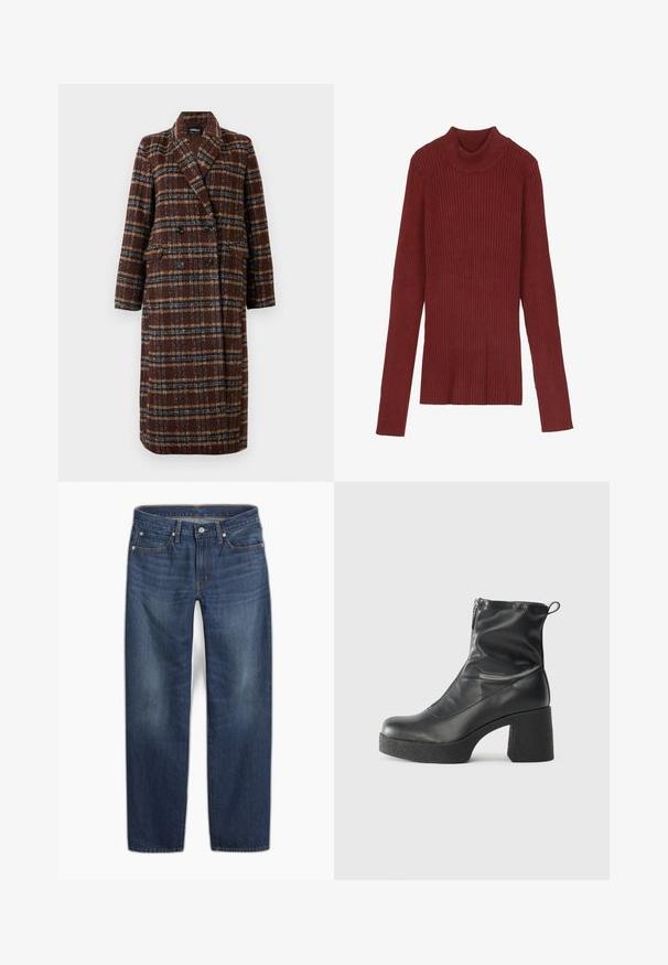 Long double-breasted brown plaid coat with lapel collar, black buttons, and flap pockets, displayed against a white background.; Ribbed, maroon turtleneck sweater with long sleeves and a fitted silhouette. Soft texture, minimalistic design, and no visible hardware.; Dark blue denim jeans with a straight leg design. Features include a button closure, five pockets, and subtle fading in the fabric.; Black ankle boots made of smooth leather, featuring a side zipper, chunky textured heel, and rounded toe design.