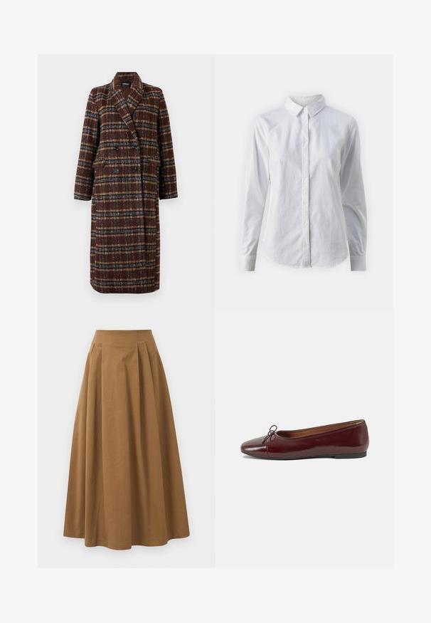 Long double-breasted brown plaid coat with lapel collar, black buttons, and flap pockets, displayed against a white background.; White button-up shirt made of smooth cotton, featuring a classic collar, long sleeves, and a curved hem. Buttons are small and white.; Brown cotton A-line skirt with a high waist, featuring pleats down the front and a smooth texture. Hem finishes are clean and simple.; Burgundy patent leather ballet flat with a rounded toe, small bow accent at the front, and a low, black rubber sole. Smooth texture.