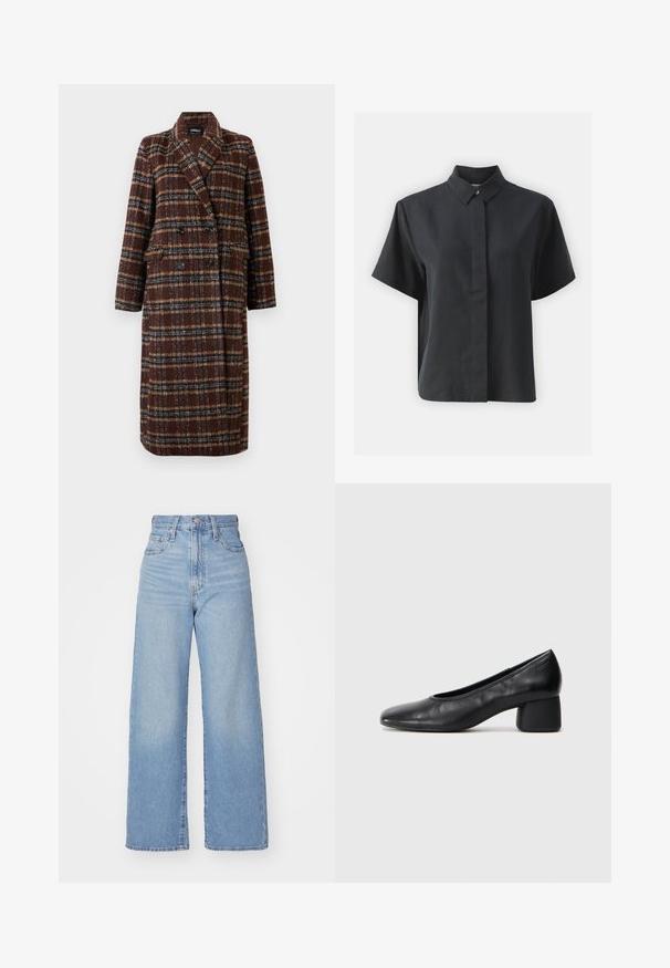 Long double-breasted brown plaid coat with lapel collar, black buttons, and flap pockets, displayed against a white background.; Short-sleeve black button-up shirt with a classic collar, made of a smooth fabric, featuring a straight cut and minimalistic design.; Light blue high-waist wide-leg jeans with front button and zip closure, front and back pockets, on a white background.; Black leather pump with a rounded toe and mid-block heel. Smooth texture with minimal detailing, featuring a subtle elastic opening.