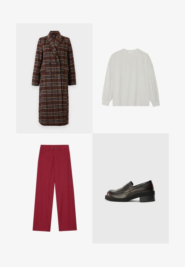 Cappotto lungo doppiopetto a quadri marrone con colletto a bavero, bottoni neri e tasche a soffietto, esposto su uno sfondo bianco.; T-shirt a maniche lunghe grigio chiaro realizzato in cotone morbido. Presenta una vestibilità ampia, scollatura rotonda e polsini delicatamente arricciati. Nessun motivo o grafica.; Pantaloni a gamba larga realizzati in tessuto liscio e testurizzato di un profondo colore rosso. Presentano tasche frontali e una chiusura con un solo bottone in vita.; Mocassini in pelle marrone scuro con punta rotonda, dettagli cuciti e tacco a blocco moderato. Texture liscia, design minimalista.