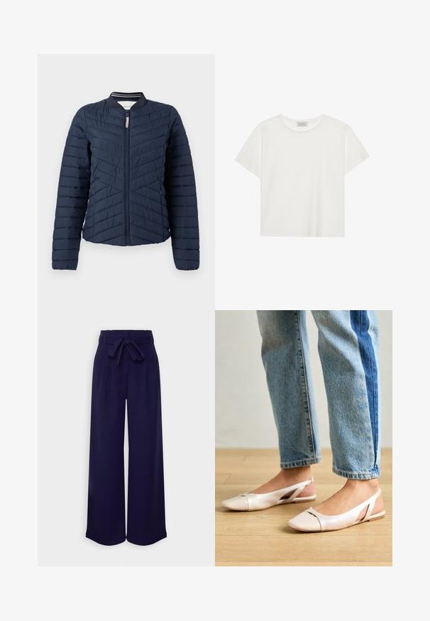 Tengeri kék párnázott bomberdzseki függőleges steppeléssel, bordás gallérral és cipzáras elülső záródással. Simább anyagú, rugalmas mandzsetta.; Fehér, rövid ujjú póló, puha pamutból készült. Kerek nyakkivágással és laza szabással rendelkezik. Tiszta dizájn, látható minták vagy díszítések nélkül.; Anna Field Nadrágok - dark blue; Világos rózsaszín slingback laposlábú cipők, hegyes orral, sima bőrhatású anyagból készült. Oldalt kivágott részletek találhatók rajta, valamint lapos sarkú.
