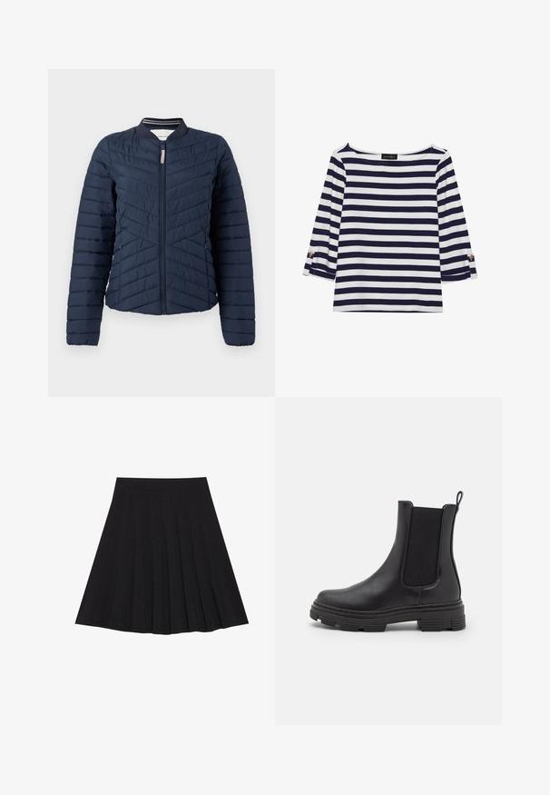 Jachetă bomber căptușită de culoare bleumarin, cu un design vertical matlasat, guler ribbit și închidere prin fermoar. Textură de material neted, cu manșete elastice.; Bluză cu mâneci lungi, dungată în navy și alb, cu decolteu tip bărci și accente cu nasturi aurii pe mânecile răsucite. Material moale, croială lejeră.; Fustă plisată neagră dintr-un material texturat, cu un elastic ajustat. Se termină la nivelul genunchiului, având o siluetă netedă și curată.; Cizmă de gleznă din piele neagră, cu panouri laterale elastice, vârf rotunjit și talpă din cauciuc texturat. Dispune de o buclă în spate pentru o purtare ușoară.