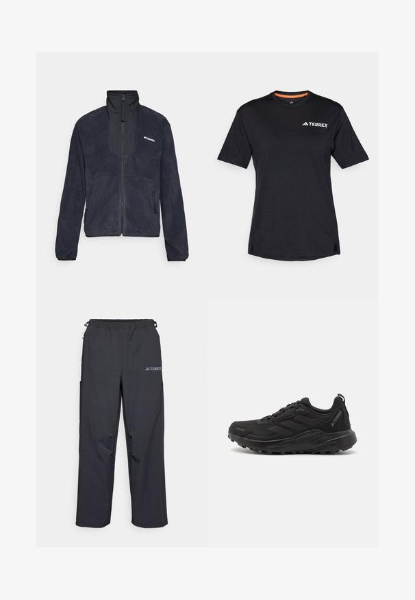 Casaco de fleece azul-marinho escuro com gola alta, zíper completo e dois bolsos laterais. Apresenta uma textura suave e um logo na parte superior esquerda.; T-shirt preto de manga curta com decote redondo, apresentando uma textura heather subtil e o logótipo branco "TERREX" no lado superior esquerdo.; Calças de exterior pretas e leves, com um cós elástico, bolsos laterais e um logótipo na parte superior da perna direita. Tecido suave e resistente à água.; Tênis atléticos pretos com uma parte superior sintética texturizada, fecho de cadarço, sola de borracha grossa e detalhes discretos do logótipo na lateral e no calcanhar.