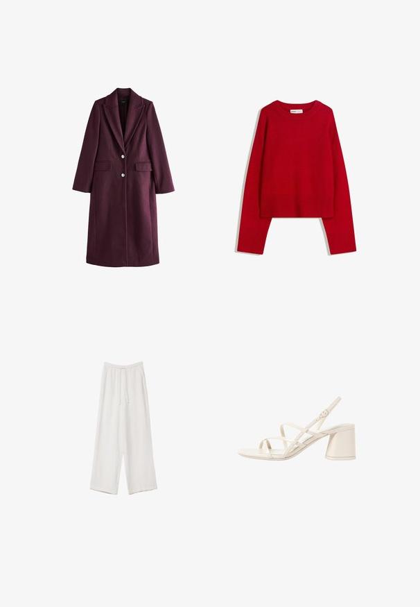 Next REVERE COLLAR TALL - REGULAR FIT - Cappotto classico - berry red; Maglione rosso con scollatura a girocollo, maniche lunghe e polsini e bordo a coste. Realizzato in tessuto morbido e texturizzato. Design corto.; Pantaloni a gamba larga bianchi realizzati in un tessuto leggero. Presentano una vita elastica con cordoncino e tasche laterali. Texture liscia.; Sandali con tacco beige con sottili cinturini incrociati, punta aperta e tacco quadrato a blocco. Finitura in vernice liscia, cinturino alla caviglia regolabile.