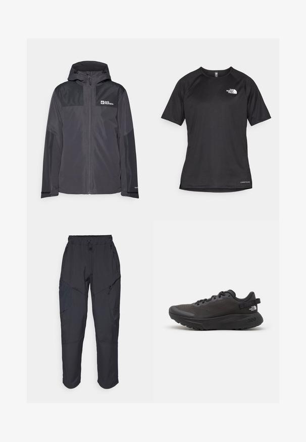Giacca grigia impermeabile con zip frontale, cappuccio regolabile e maniche scure a contrasto. Presenta un logo sul petto.; Maglietta sportiva nera a maniche corte con tessuto testurizzato, caratterizzata da un logo bianco sul lato sinistro del petto e orlo dritto.; Pantaloni cargo neri realizzati in un materiale leggero e resistente all'acqua; presentano una vita elastica, diverse tasche con zip e gambe affusolate.; Scarpa sportiva nera con tomaia in mesh, colletto imbottito e suola in gomma. Presenta un design testurizzato e un marchio sul tallone. Costruzione leggera.