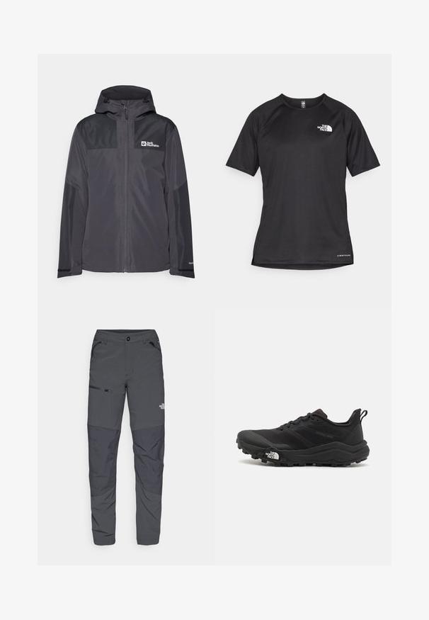 Giacca grigia impermeabile con zip frontale, cappuccio regolabile e maniche scure a contrasto. Presenta un logo sul petto.; Maglietta sportiva nera a maniche corte con tessuto testurizzato, caratterizzata da un logo bianco sul lato sinistro del petto e orlo dritto.; Pantaloni outdoor grigi con una texture liscia, dotati di una tasca con zip sul lato, sezioni di ginocchia rinforzate e un dettaglio logo sottile.; Scarpa da trail running nera con tomaia texture, suola in gomma e punta rinforzata. Presenta un collare imbottito e un tassello per un indossamento facile.