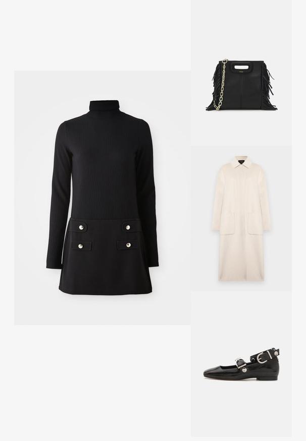 Vaalean beige villakangastakki, jossa on kauluksellinen kaula-aukko, etunapit, kaksi suurta taskua ja kyynärpään mittaiset hihat. Yksinkertainen, suora siluetti.; Musta ribattu turtleneck-mekko pitkillä hihoilla, jossa on muotoiltu yläosa ja liehakasa sekä kaksi etutaskua ja kultasävyiset napit.; Musta patenttinahkainen tasapohjainen kenkä suoralla varvastyöllä, nilkkahihna hopeisilla yksityiskohdilla ja tasainen pohja. Sileä pinta ja minimalistinen muotoilu.; Musta nahkakäekott, millel on frantsiisidetailid, kuldne õlgade rihm ja lõikega käepide. Ees on logo paigutus.