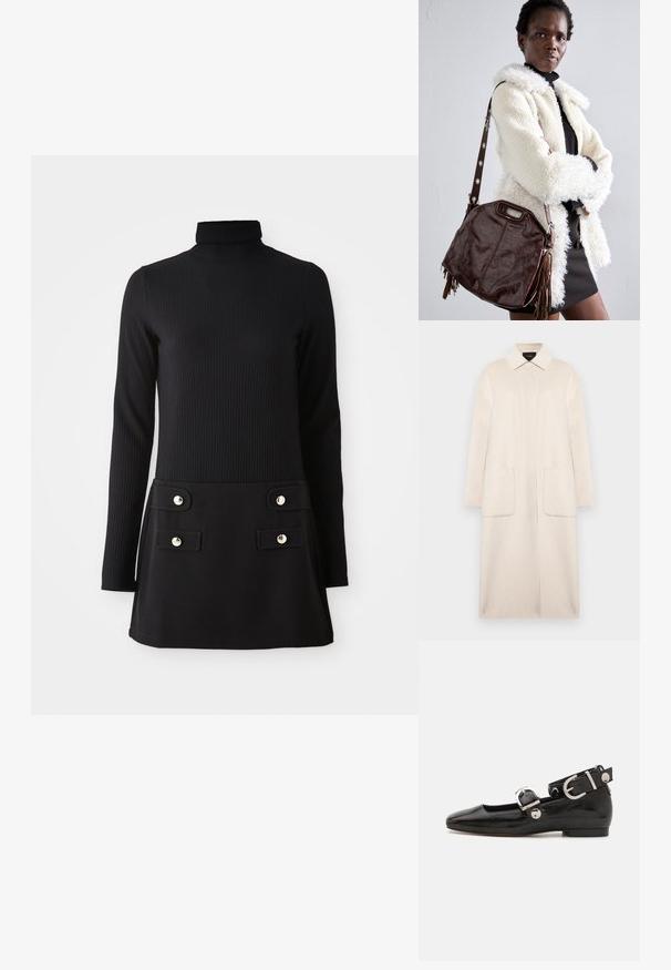 Cappotto in lana beige con colletto, chiusura frontale con bottoni, due tasche grandi e maniche a lunghezza gomito. Silhouette semplice e dritta.; Vestito nero a collo alto a coste con maniche lunghe, caratterizzato da un corpetto aderente e una gonna svasata con due tasche anteriori e bottoni dorati.; Scarpa flat in vernice nera con punta quadrata, cinturino alla caviglia con hardware in argento e suola piatta. Texture liscia con design minimalista.; Borsa a mano in pelle marrone con finitura texturizzata, bordi plissettati e frange laterali; dotata di una tracolla staccabile con accenti metallici.