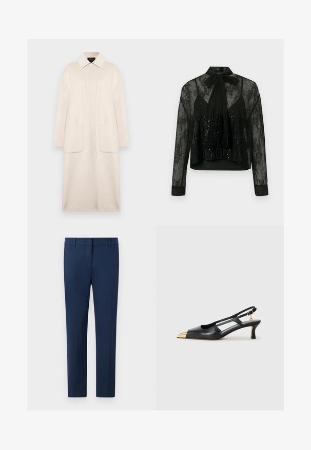 Beige Wollmantel mit einem Kragenhals, Frontknopfverschluss, zwei großen Taschen und ärmellangen Ärmeln. Schlichte, gerade Silhouette.; Schwarze durchsichtige Bluse mit langen Ärmeln, versehen mit einer Spitzenüberlagerung und Paillettendetails, gekrönt von einer Schleife am Hals und einem verkürzten Design.; Navy-Hosen aus gewebtem Stoff, mit flachem Bund, Gürtelschlaufen und taillierter Passform. Keine sichtbaren Muster oder Akzente.; Schwarze Leder-Slingback-Schuh mit spitzem Zeh und goldfarbener Metallic-Kappe. Verfügt über ein Ausschnittdesign und einen schlanken Absatz mit verstellbarem Riemen.