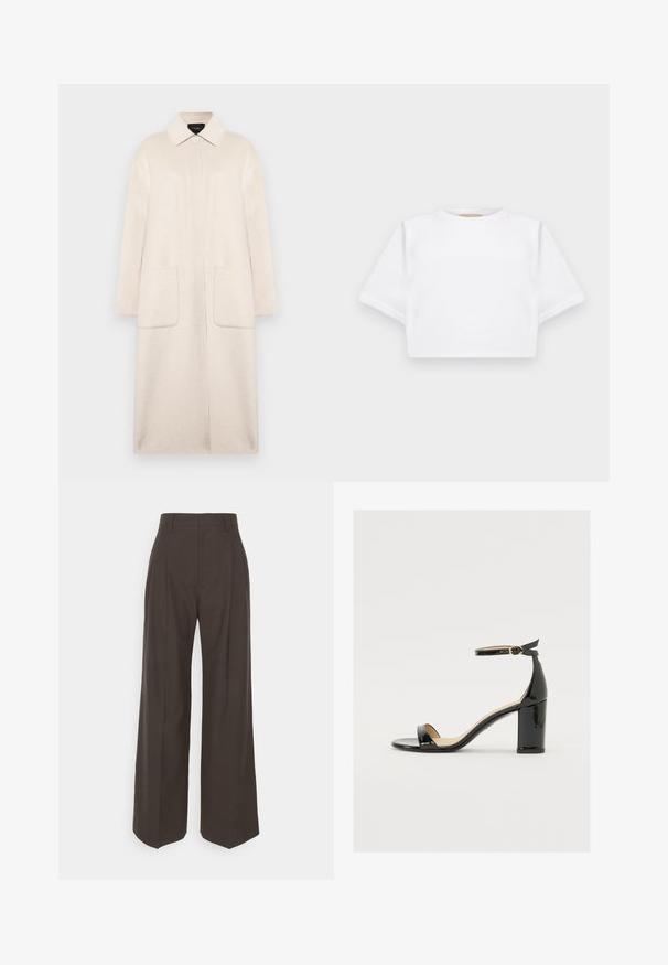 Beige Wollmantel mit einem Kragenhals, Frontknopfverschluss, zwei großen Taschen und ärmellangen Ärmeln. Schlichte, gerade Silhouette.; Beschnittenes weißes T-Shirt aus weichem Stoff, mit kurzen Ärmeln, rundem Halsausschnitt und gerippten Saumdetails. Einfaches und schnörkelloses Design.; Dunkelbraune weite Hose mit hoher Taille, die über sorgfältig gebügelte Falten, eine glatte Textur und eine taillierte Passform verfügt.; Schwarze Lackleder-Sandalette mit weitem Absatz, offener Zehenpartie und Knöchelriemen mit goldener Schnalle. Glatte Textur und elegantes Design.