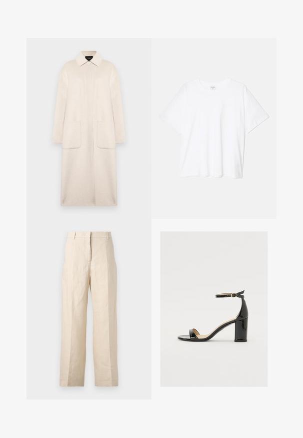 Bež kaput od vune s ovratnikom, prednjim kopčanjem na dugmad, dva velika džepa i rukavima do lakta. Jednostavna, ravna silueta.; Bijela pamučna majica s kratkim rukavima, okruglim izrezom, opuštenim krojem i šivenim rubom. Etiketa je vidljiva na unutarnjoj strani vrata.; Bež lanene hlače s opuštenim krojem, nabranim prednjim dijelom i ravnim nogavicama. Imaju pojas s petljama za remen i bez vidljivih džepova.; Crne lakirane sandale s širokim potpeticama, otvorenim prstima i remenom oko gležnja s zlatnom kopčom. Glatka tekstura i elegantan dizajn.
