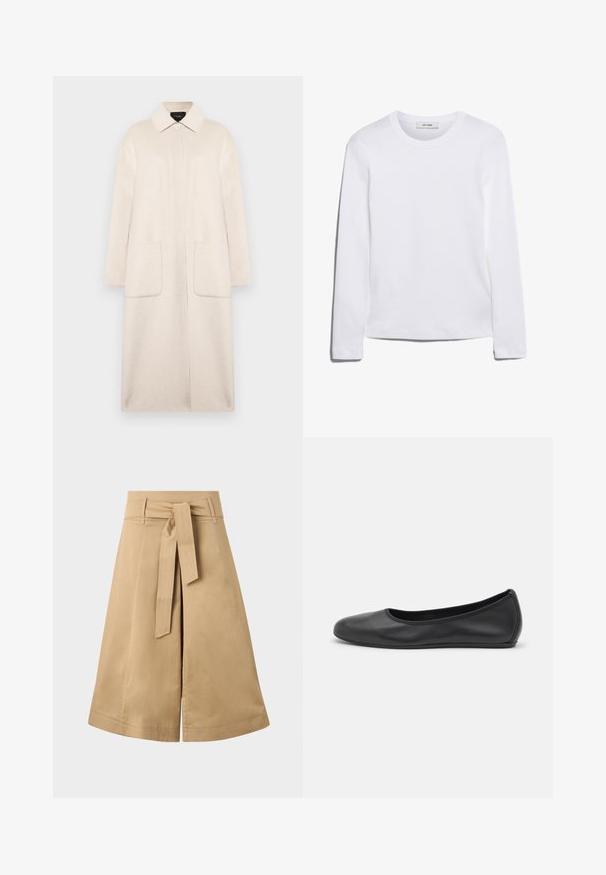 Beige wollen jas met een kraag, een sluiting met knopen aan de voorkant, twee grote zakken en mouwen tot aan de elleboog. Eenvoudig, recht silhouet.; Wit T-shirt met lange mouwen, gemaakt van ribgebreide katoen, met een ronde halslijn en een rechte zoom. Eenvoudig ontwerp zonder patronen of accenten.; Khaki midi wikkeltaille rok met een strikceintuur, gemaakt van lichtgewicht katoen, met een uitlopende silhouet en zichtbare stiksels.; Zwarte leren ballerina met een ronde neus, gladde textuur, minimale stikdetails en een flexibele zoolontwerp.