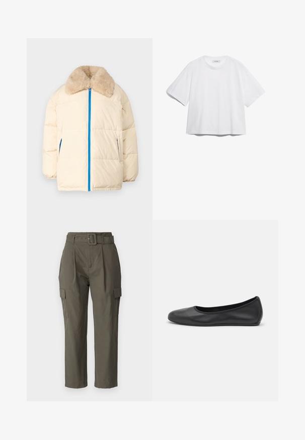Chaqueta acolchada crema con cuello de piel sintética, cremallera azul y bolsillos laterales. Presenta un diseño acolchado y una silueta relajada.; Camiseta de algodón blanca con manga corta, escote redondo, corte relajado y sin patrones o gráficos visibles. Textura suave y diseño sencillo.; Pantalones cargo en verde oliva, hechos de tela ligera. Las características incluyen una cintura con cinturón, pliegues frontales y bolsillos laterales con cierres de solapa.; Bailarina de piel negra con punta redondeada, textura suave, detalle de costura minimalista y diseño de suela flexible.
