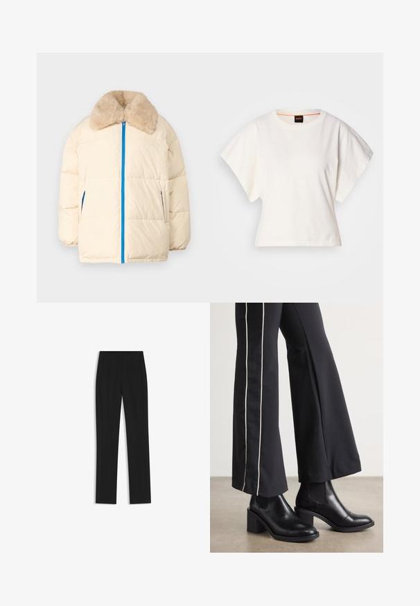 Cremefarbene Puffjacke mit einem Kragen aus Kunstfell, blauem Reißverschluss und seitlichen Taschen. Verfügt über ein gestepptes Design und eine entspannte Silhouette.; Weißes, kurzes T-Shirt, kurze weite Ärmel, weicher Baumwollstoff, runder Ausschnitt mit subtilen orangefarbenen Akzenten, minimales Design, keine Muster oder Grafiken.; Schwarze maßgeschneiderte Hose mit geradem Bein, ausgestattet mit Fronttaschen und einem glatten, strukturierten Stoff. Saubere, minimale Details.; Schwarze Lederstiefeletten mit einem Blockabsatz, ausgestattet mit elastischen seitlichen Einsätzen. Kombiniert mit schwarzen Hosen, die einen weißen Seitenstreifen haben.