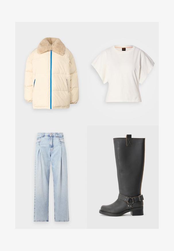 Kremowa kurtka puchowa z kołnierzem z sztucznego futra, niebieskim zamkiem błyskawicznym i kieszeniami bocznymi. Posiada pikowaną strukturę i luźny krój.; Biała, krótka koszulka z szerokimi rękawami, wykonana z miękkiej bawełny, okrągły dekolt z delikatnym pomarańczowym wykończeniem, minimalistyczny design, bez wzorów i grafik.; Jasnoniebieskie dżinsy z wysokim stanem, szerokimi nogawkami, dwoma bocznymi kieszeniami oraz plisowanym wzorem. Miękka tekstura z wyblakłym wykończeniem.; Czarne skórzane, wysokie do kolan botki o teksturowanym wykończeniu, wyposażone w akcent w postaci klamry z boku oraz niski obcas. Szczegółowe przeszycia wzdłuż szwów.