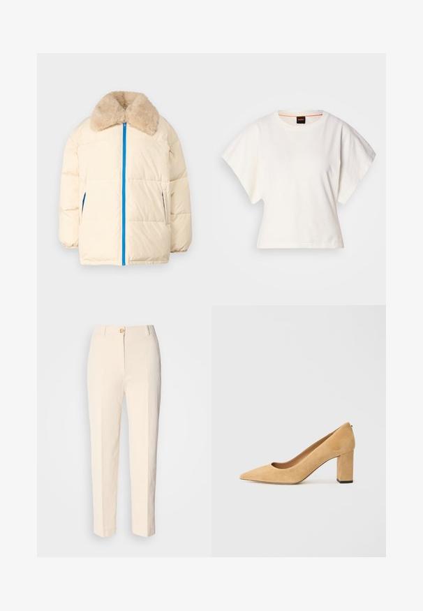 Krēmkrāsas pūkains jaka ar mākslīgā kažoka apkakli, zilu rāvējslēdzēju un sānu kabatām. Iezīmēts ar quilted dizainu un brīvu siluetu.; Balts īsais T-krekls, plašas īsas piedurknes, mīksts kokvilnas materiāls, apaļa kakla izgriezums ar delikātu oranžu apdari, minimāls dizains, bez rakstiem vai grafikām.; Krēma krāsas augstākā jostas līmeņa bikses, izgatavotas no teksturēta auduma. Tām ir aizdare priekšā ar pogu un sašaurināti kājām.; Bežīgas zamšādas augstpapēžu kurpes ar smailu purngali un masīvu bloku papēdi. Materiāls ir ar mīkstu tekstūru un gludu apdari.