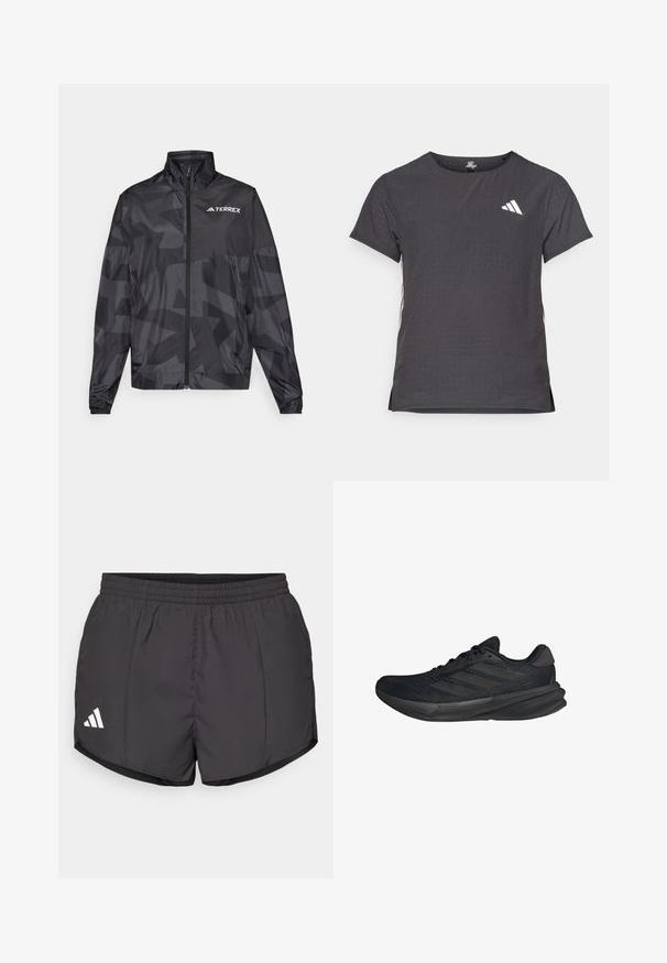 Zwarte lichtgewicht jas met een hoge kraag, ritssluiting en geometrisch patroon. Kenmerkt zich door het "TERREX"-logo in het wit op de bovenste linkerkant.; Korte mouwen sport t-shirt, donkergrijs met geperforeerde textuur. Bevat een wit logo en contrasterende zijstrepen. Ronde halslijn.; Zwarte sport shorts gemaakt van lichtgewicht stof, met een elastische tailleband en een wit Adidas-logo aan de onderkant aan de linkerkant.; Zwarte sportieve schoenen met een bovenwerk van mesh, gestroomlijnde vorm, platte zool en drie diagonale strepen aan de zijkant. Lichtgewicht ontwerp voor comfort.