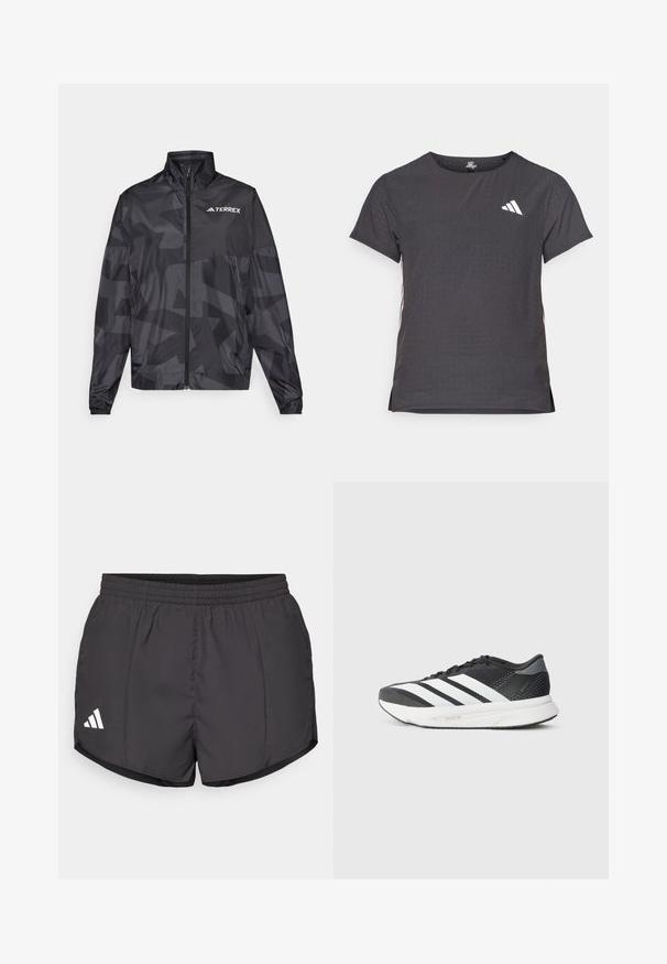 Jachetă ușoară neagră cu guler înalt, închidere prin fermoar și model geometric. Dispune de logo-ul "TERREX" în alb pe partea stângă sus.; Tricou athletic cu mânecă scurtă, gri închis, cu textură perforată. Prezentă un logo alb și dungi contrastante pe laterale. Guler rotunjit.; Pantaloni scurți atletici negri, confecționați dintr-un material ușor, cu un brâu elastic și un logo alb Adidas pe partea stângă jos.; Shoe athletic negru cu fâșii albe, partea superioară din plasă, talpă amortizată și un design elegant. Accente de gri pe călcâi și limbă.