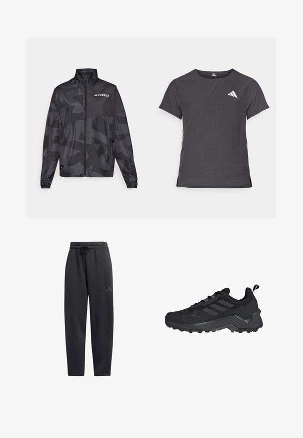 Must mustvalg, millel on kõrge krae, luku sulgemine ja geomeetriline muster. Ülemisel vasakul küljel on valge "TERREX" logo.; Lühikese varrukaga sportlik T-särk, tumehall, perforatsiooni tekstuuriga. Omab valget logo ja kontrastset külgtriipu. Ümar kaelus.; Mustadest pehmest kangast dressipükstest, millel on elastne vöökoht ja nöör, sirged säärtes ning diskreetne logo reiel.; Must mustusjalats, millel on võrkkangast ülemine osa, kolme triibuga disain, vormitud kand ja rohkete haardelabadega tugev välistald.