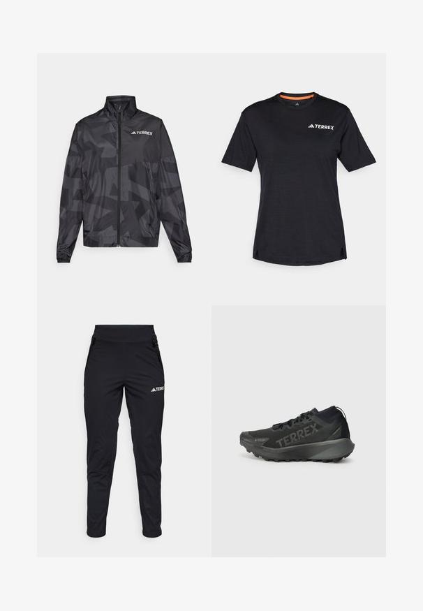 Sort letvægtsjakke med høj krave, lynlås åbning og geometrisk mønster. Har "TERREX" logoet i hvidt på øverste venstre side.; Sort kortærmet T-shirt med rund halsudskæring, der har en subtil meleret tekstur og hvid "TERREX"-logo på den øverste venstre side.; Sorte træningsbukser i glatt stof med en tætsiddende pasform, lynlåslommer og en struktureret underben. Logo printet på forsiden.; Sort Terrex løbesko med en struktureret overdel, stiv sål og fremtrædende branding. Har en polstret hæl for støtte og greb.