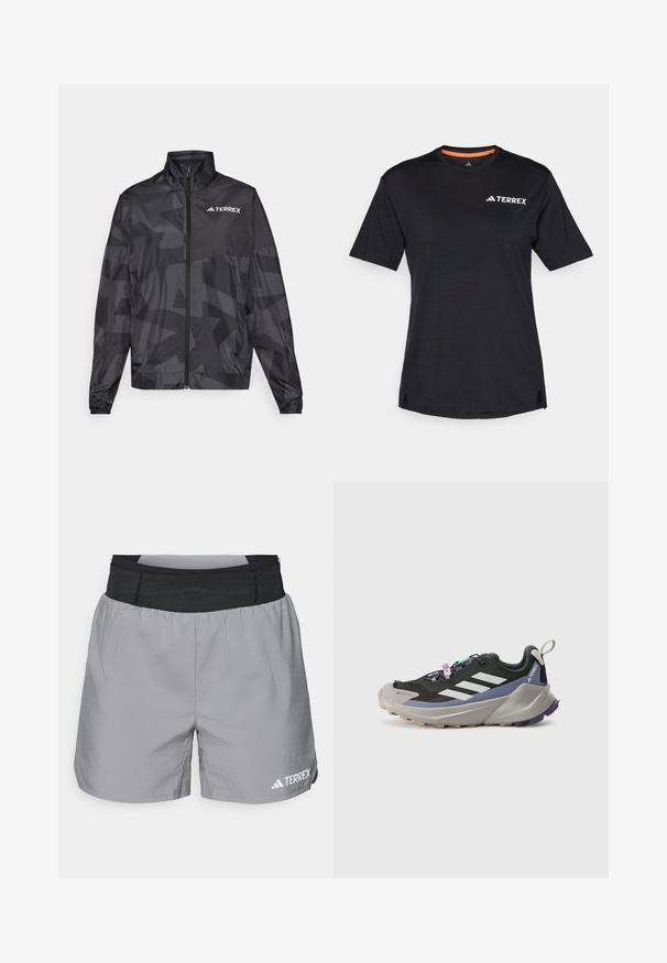 Črn lahkoten jopič z visokim ovratnikom, zadrgo in geometrijskim vzorcem. Ima bel "TERREX" logotip na zgornji levi strani.; Črna kratkosleča majica s krocnim ovratnikom, ki ima subtilno heather teksturo in belo "TERREX" logo na zgornji levi strani.; Sive kratke športne hlače z elastičnim črnim pasom, lahkotnega materiala, sproščenega kroja in belim logotipom na spodnji desni strani.; Črne športne čevlje z Gore-Tex zgornjim delom, belimi črtami, vijoličnimi akcenti, debelim sivim srednjim podplatom in strukturiranim sivim zunanjim podplatom za boljši oprijem.