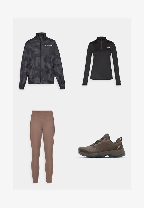 Must mustvalg, millel on kõrge krae, luku sulgemine ja geomeetriline muster. Ülemisel vasakul küljel on valge "TERREX" logo.; The North Face FLEX 1/4 ZIP GRAPHIC - Pikkade varrukatega topp - black; Pruunid spord Leggingsid kõrge vöökohaga, külgtaskud ja valge logo. Sile ja veniv kangas mugavuse ja liikumisvabaduse tagamiseks.; Hallgrüüne ja teal värvi matkajalatsid, millel on võrkpaneelid, tekstureeritud pealis ja robustne kummipõhi. Omab pehmendatud keele ja paeladega kinnitust.