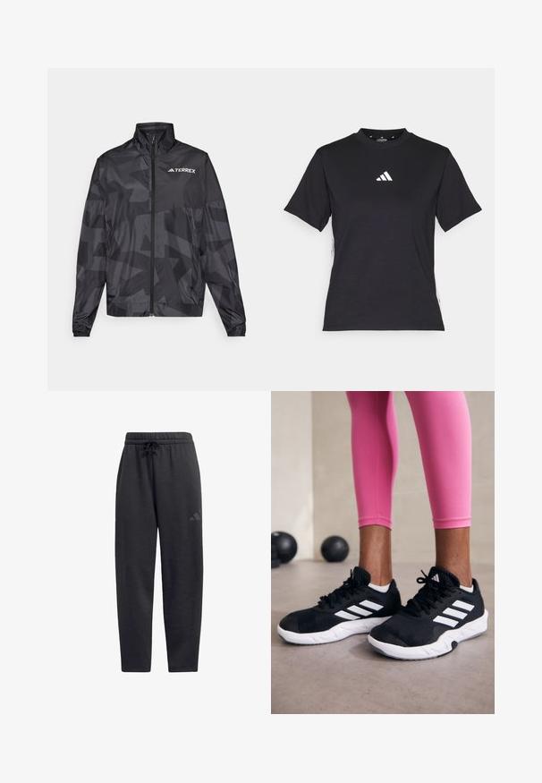Jachetă ușoară neagră cu guler înalt, închidere prin fermoar și model geometric. Dispune de logo-ul "TERREX" în alb pe partea stângă sus.; Tricou negru cu mâneci scurte, fabricat dintr-un material moale. Prezintă un logo Adidas alb și dungi albe contrastante pe laturi.; Pantaloni de trening negri, dintr-un material moale, cu un tiv elastic dotat cu șnur, picioare drepte și un logo discret pe coapsă.; Adidași negri cu dungi albe, suprafață din plasă texturată și talpă albă. Purtați cu colanți roz, evidențiind îmbrăcămintea sport.