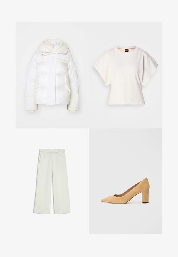 Doudoune blanche avec capuche en fourrure, fermeture éclair à l'avant, deux poches latérales et détails en fourrure texturée sur les manches et la poitrine.; T-shirt blanc cintré, manches courtes et larges, en coton doux, décolleté rond avec une discrète bordure orange, design minimaliste, sans motifs ni graphiques.; Pantalons à jambes larges en tissu crème clair, dotés de poches latérales, d'un devant plat et d'une fermeture à un bouton à la taille. Texture lisse.; Pumps à talons hauts en daim beige avec un bout pointu et un talon large. Le matériau a une texture douce avec une finition lisse.