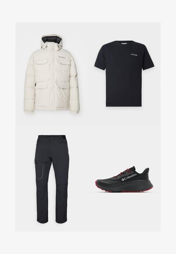 Witte pufferjack met capuchon, voorzien van vier voorzakken, elastische manchetten en een rits aan de voorkant. Merkl logo op de linkerborst.; Zwarte T-shirt met korte mouwen van katoen, voorzien van een klein wit Columbia-logo op de linkerborst. Klassieke ronde hals en een ontspannen pasvorm.; Zwarte outdoorbroeken met een ritszak op de dij, een elastische tailleband en glad, waterafstotend materiaal. Schoon ontwerp zonder zichtbare logo's.; Zwarte sportieve schoen met een gestructureerd bovenwerk, rode veters en logo. Dikke zool met gestreepte loop voor grip. Minimalistisch ontwerp, zijaanzicht.