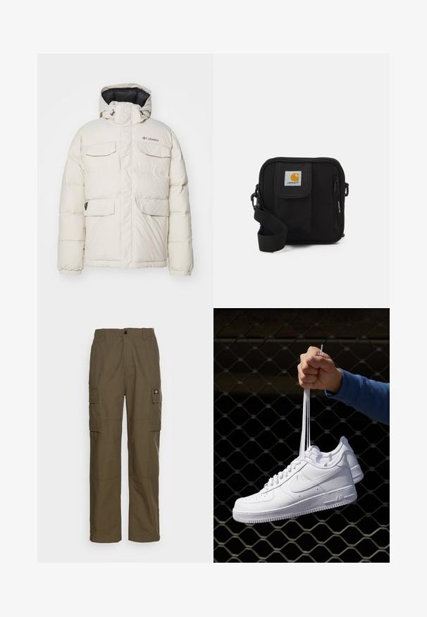 Bela pufasta jakna s kapuco, z štirimi sprednjimi žepi, elastičnimi manšetami in zadrgo spredaj. Logotip blagovne znamke na levem prsnem delu.; Bela kratka majica s kratkimi rokavi, narejena iz bombaža, z okroglo ovratnikom in gladko teksturo, s pravim krojem in brez vzorcev.; Kargo hlače v olivno zeleni barvi, izdelane iz trpežnega materiala. Imajo dve stranski žepi, standarden pas in ravno obliko nogavic.; Bela usnjena športna obutev s perforacijami, okroglo konico, ravnim podplatom in debelimi vezalkami, z vidnim logotipom smoosh in napisom "AIR" na peti.; Črna torba čez ramo z zadrgo v glavni preddverju, sprednjim žepom, nastavljivim trakom in vidno oznako na pokrovu.