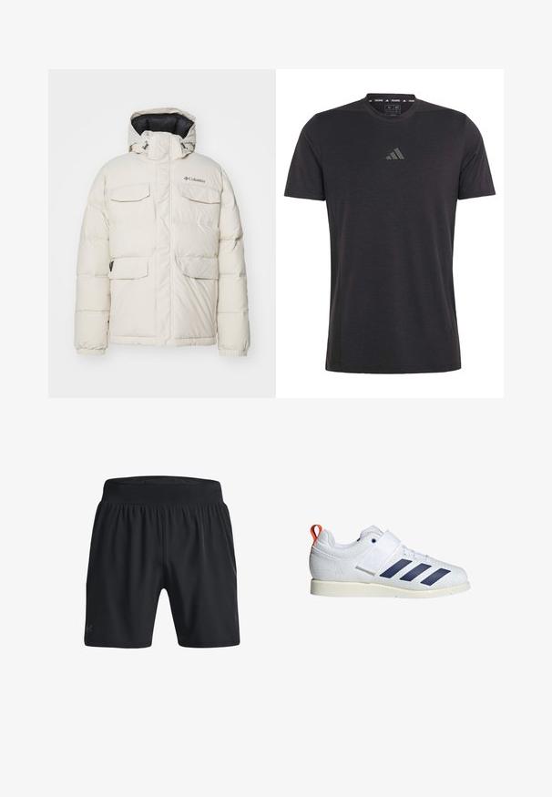 Giacca imbottita bianca con cappuccio, dotata di quattro tasche anteriori, polsini elasticizzati e chiusura con zip. Logo del marchio sul lato sinistro del petto.; T-shirt da allenamento nera a maniche corte realizzata in tessuto leggero, con scollo rotondo e un sottile logo in rilievo sul petto.; Pantaloni sportivi neri con vita elasticizzata, realizzati in tessuto leggero. Presentano una texture liscia e un logo discreto nella parte inferiore sinistra.; Scarpe atletiche bianche con strisce blu navy, texture in morbida mesh, cinturino regolabile e tab di supporto arancione. Presentano una suola leggera e ammortizzata.