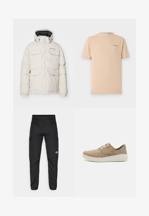 Balts pūkains jaka ar kapuci, kas aprīkota ar četrām priekšējām kabatām, elastīgiem elastīgiem aproces un ar rāvējslēdzēju priekšā. Zīmola logo kreisajā krūtīs.; Beige īsām piedurknēm t-krekls, izgatavots no mīkstas auduma, ar apaļu dekoltē un mazu melnu logotipu kreisajā krūtī. Vienkāršs dizains.; The North Face HORIZON PANT - Āra bikses - black; Bēšas kanvas kedas ar gaiši brūniem ādas akcentiem, baltām saitēm un sānu perforācijām, ar mīkstinātu zoli.