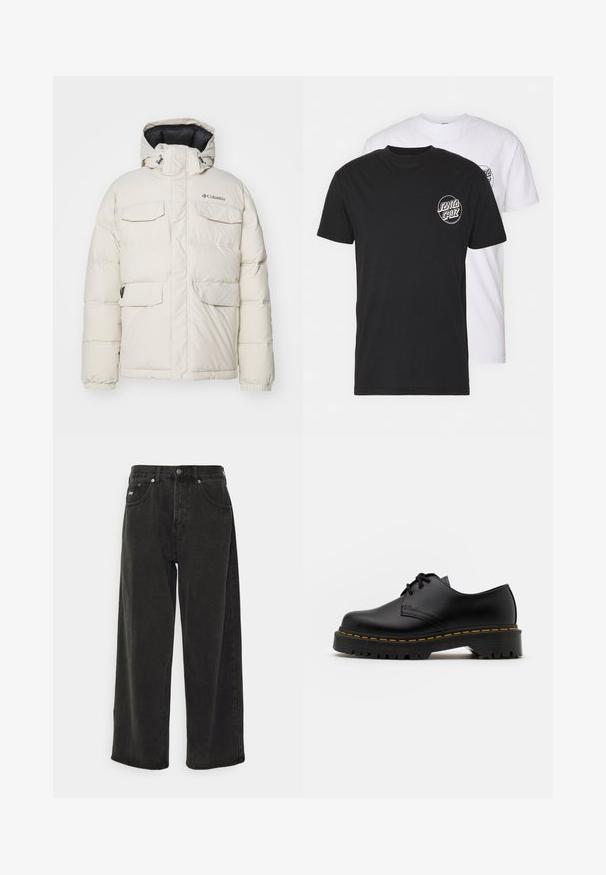 Hvit puffjakke med hette, som har fire frontlommer, elastiske mansjetter og glidelås foran. Merkevarelogo på venstre bryst.; Pakke med to t-skjorter: en svart og en hvit. Begge har korte ermer og en sirkulær logo på brystet i kontrastfarge. Laget av bomull.; Obey Clothing BIGWIG BAGGY - Baggy jeans - black; Svart lær snøresko med rund tå, teksturert gummisåle og gul søm rundt bunnen. Flat design og glatt overflate.