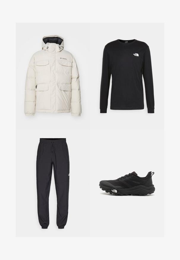 Valge puffer-jakk kapuutsiga, millel on neli esikotti, elastsed mansetid ja lukuga eesmine osa. Brändi logo vasakul rinnal.; Musthave musta pika varrukatega t-särk, mis on valmistatud puuvillast. Esiplaanil on valge logo vasaku rinna kohal ning ribitekkide detailid. Särk on sileda tekstuuriga ja ümar lõikega kaelusega.; Mustavad sportlikud püksid, mis on valmistatud kergest kangast, joonlauaga taljest, küljetaskudega ja kitsenevate varrukatega pahkluude juures.; Must tume jooksujalats musta värvi, tekstuurse ülemise osaga, kummist tallaga ja tugevdatud varbaga. Omab pehmendusega krae ja tõmblinti mugavaks selga panemiseks.