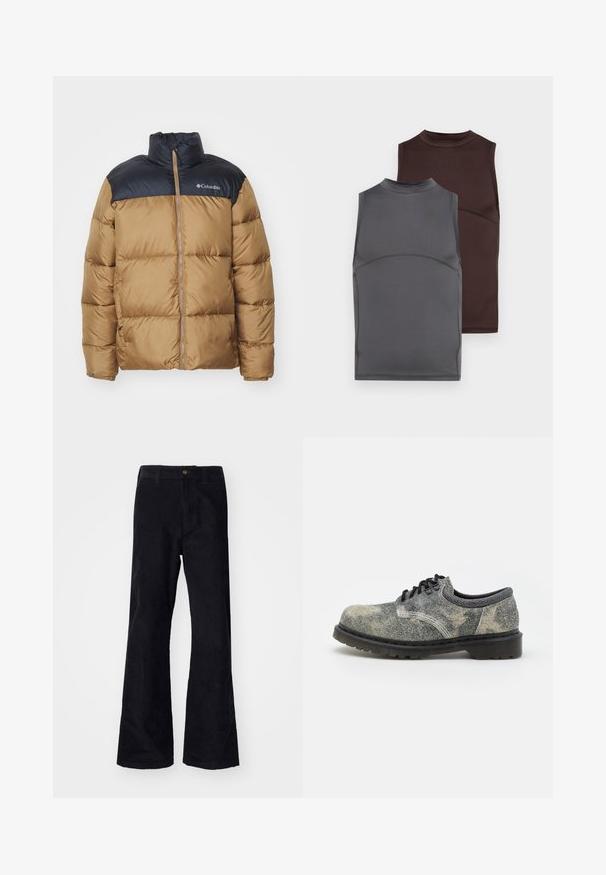 Puffjacka med en beige kropp och svart överdel. Har en hög krage, framzipper och quiltat mönster med synlig sömnad.; Två ärmlösa toppar i mörkgrått och brunt, tillverkade av ett slätt tyg. Varje topp har en hög hals och en åtsittande design med kontrasterande sömnadsdetaljer.; Svarta, bomullsförsedda byxor med klockad design, traditionell midja, en knapp fram och fickor på sidorna och baksidan. Slät textur.; Landsko i snörning tillverkat av texturerat grått tyg med svarta detaljer, en tjock gummisula och vita sömmar. Rundad tådesign.