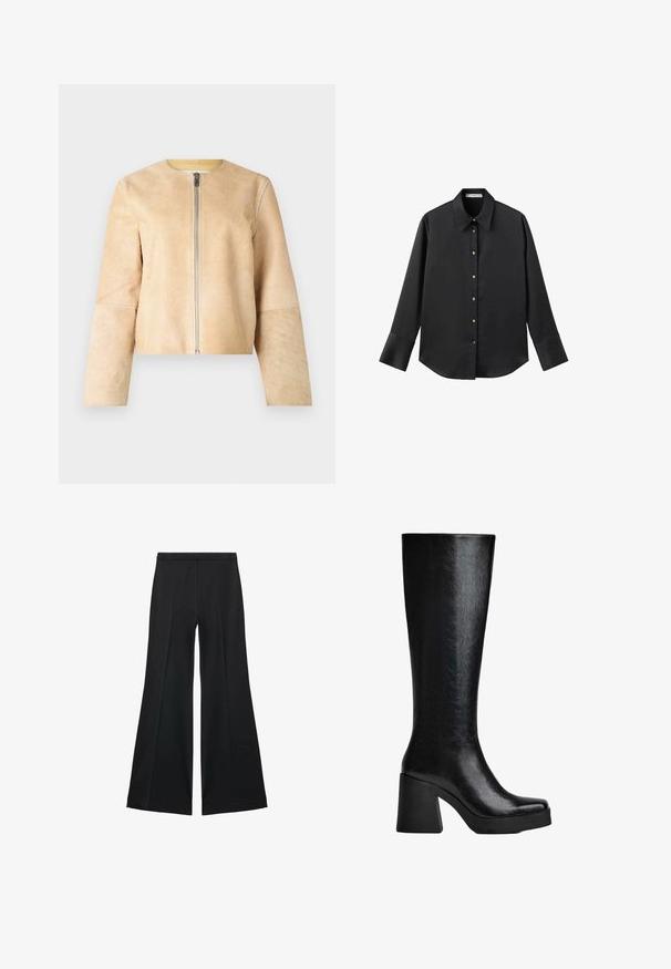 Beige leren jas met een ronde hals en zilveren rits. Gladde textuur, lange mouwen en cropped ontwerp.; Zwarte lange mouwen shirt van gladde stof, met een klassieke kraag, een sluiting met knopen aan de voorkant met gouden knopen en brede manchetten.; Zwarte wijde-pijpen broek met een gladde textuur, gekenmerkt door voorplooien en een op maat gemaakte uitstraling. De stof is lichtgewicht en vloeiend.; Zwarte knie-hoge laars van gestructureerd synthetisch materiaal, met een vierkante neus, chunky hoge hak en een glad, gestroomlijnd oppervlak.
