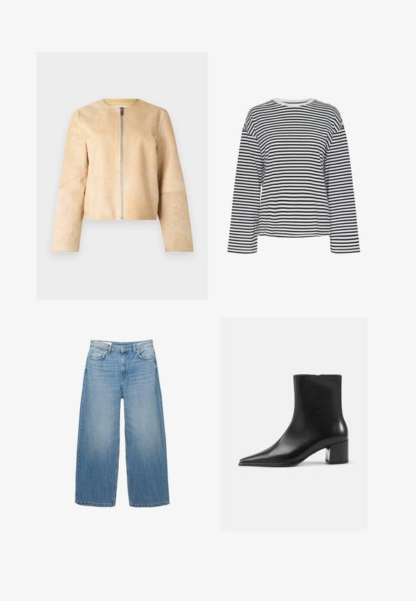 Giacca in pelle beige con scollatura rotonda e zip argentata. Texture liscia, maniche lunghe e design cropped.; Maglietta a maniche lunghe a righe bianche e nere con scollo a giro. Tessuto morbido, vestibilità comoda e dettagli a contrasto sul colletto.; Jeans a gamba larga di un blu chiaro in denim, con un classico design a cinque tasche e chiusura con bottone. Texture scolorita in tutta la superficie.; Stivaletto in pelle nera con punta appuntita, texture liscia e tacco medio a blocco. Design minimalista, chiusura con zip sul retro.