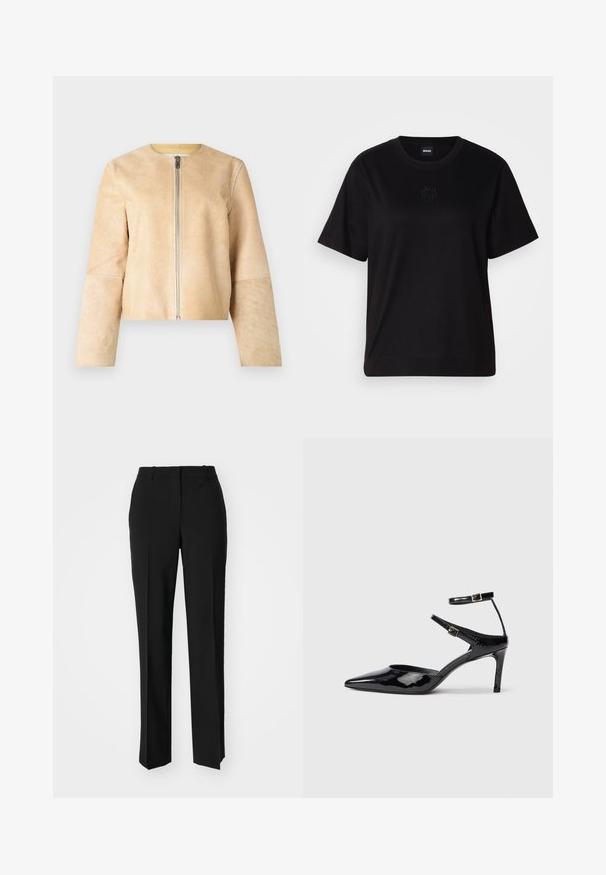 Veste en cuir beige avec un col rond et une fermeture éclair argentée. Texture lisse, manches longues et design court.; T-shirt en coton noir avec un col rond, des manches courtes et un logo brodé sur la poitrine. Coupe simple et décontractée sans motifs.; Pantalon noir ajusté avec une coupe droite, présentant une texture lisse et des plis nets sur le devant. Aucune quincaillerie visible.; Talons en cuir verni noir avec un bout pointu, des sangles de cheville ajustables et un talon fin. Texture lisse avec une finition brillante.
