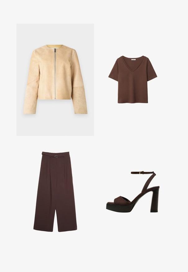 Beige kožená bunda s kulatým výstřihem a stříbrným zipem. Hladká textura, dlouhé rukávy a zkrácený střih.; Hnědý bavlněný tričko s krátkými rukávy a hlubokým V-výstřihem. Jednoduchý design, měkká textura a rovný lem. Žádné vzory ani akcenty.; Stradivarius WIDE-LEG WITH BUCKLE DETAIL - Kalhoty - dark brown; Hnědé semišové sandály na vysokém podpatku s otevřenou špičkou, nastavitelným páskem kolem kotníku a proužkovou platformou.